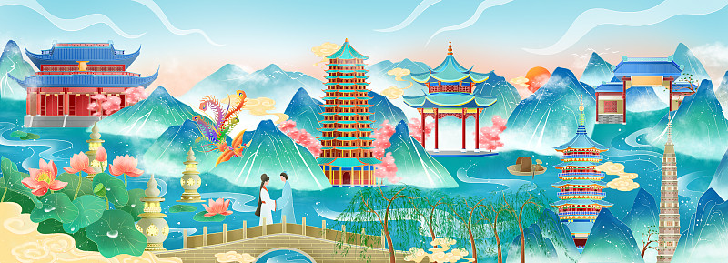 杭州城市建筑中国风插画下载