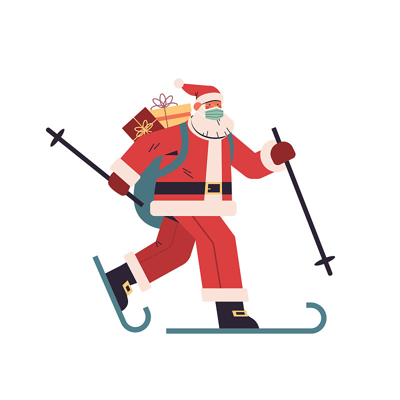 圣诞老人戴着防护面具带着礼物滑雪图片下载