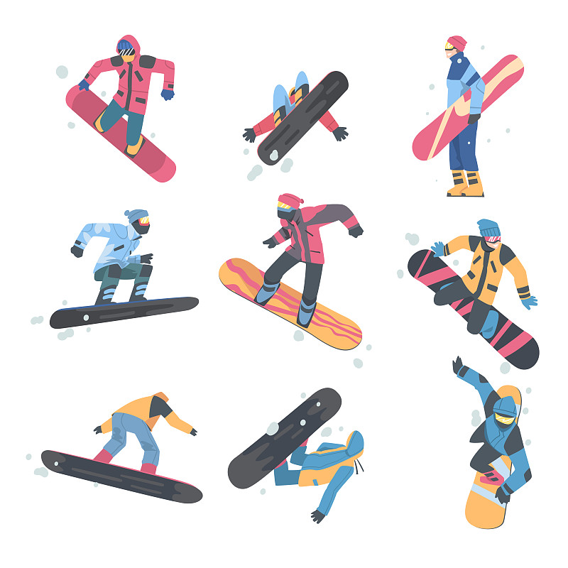 在山上滑雪的人们设置了滑雪板图片素材