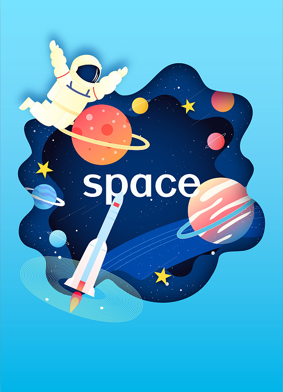 剪纸风格宇航员星球太空矢量卡通插画海报背景下载