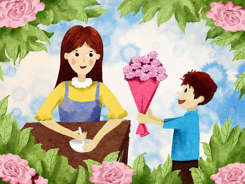 母亲节儿子送花给母亲水彩插画下载