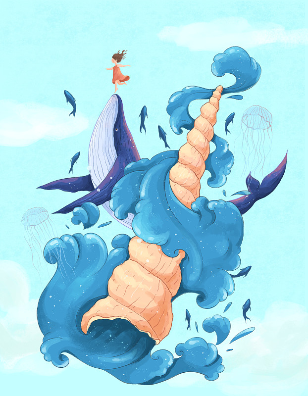 鲸鱼和女孩创意海洋插画二图片