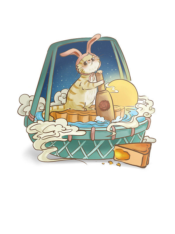 装扮成兔子的喵咪在海上坐着月饼划船图片素材