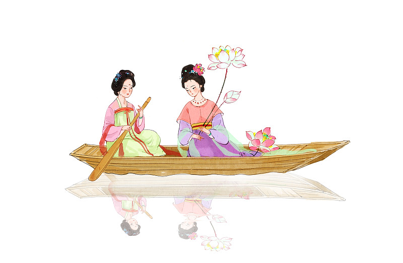 古代女子坐船插画图片