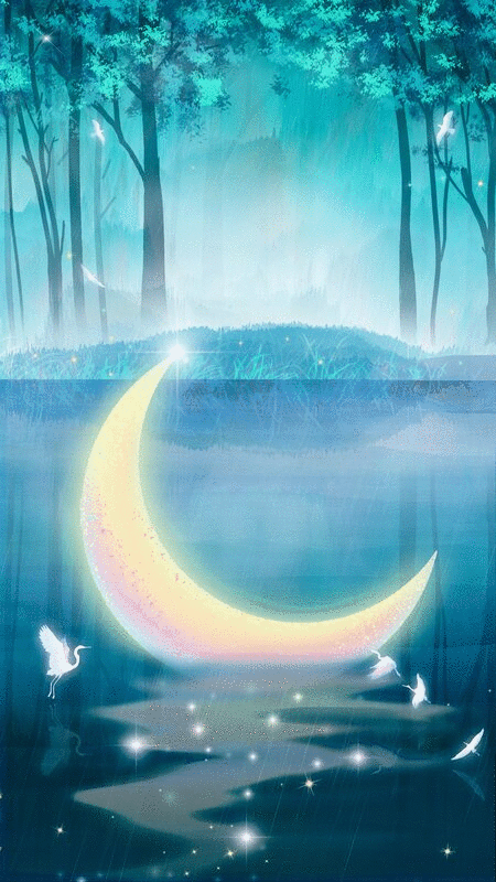 夏天小森林里月亮在湖泊中，白鹤在嬉戏飞翔插画背景海报图片下载