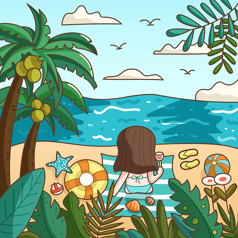 海岛的夏天椰风海韵扁平插画图片