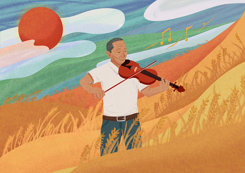 稻田里拉小提琴的农民伯伯图片素材