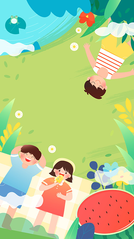 夏天三个可爱儿童躺在户外草地上玩耍矢量插画背景竖图图片