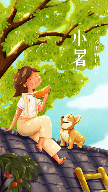 女孩和小狗坐在房顶上吃西瓜图片下载