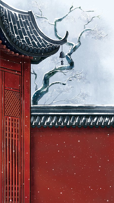 古建筑冬天风景中国风手绘插画下载