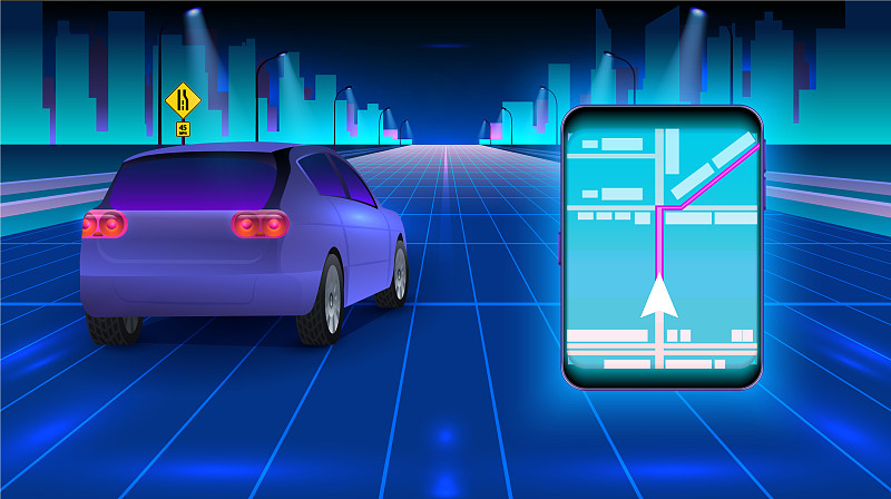 汽车在夜间道路GPS导航未来的汽车图片下载
