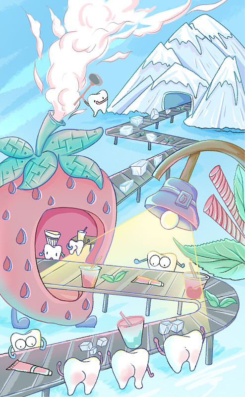 草莓牙齿冰山生产线插画下载