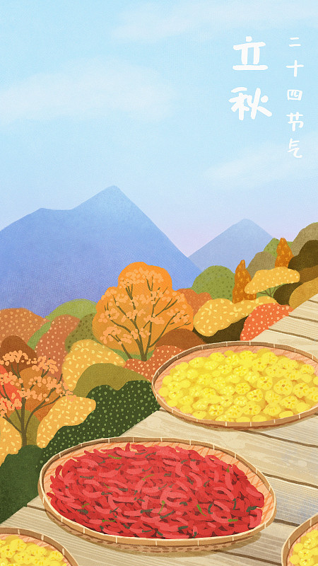 二十四节气之立秋风景晒秋扁平风竖版图片素材