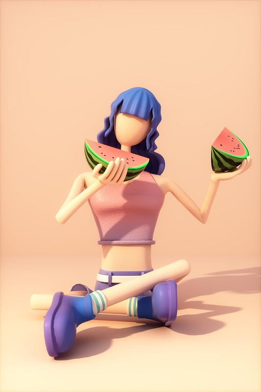 3D渲染的吃着西瓜的卡通女孩图片下载