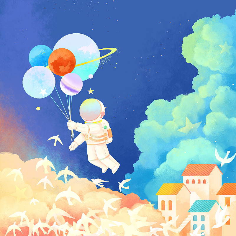 云层房子夜空星球飞鸟小宇航员梦幻插画图片
