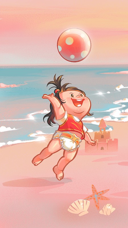 穿尿不湿的女宝宝在海边沙滩跳起接球图片素材