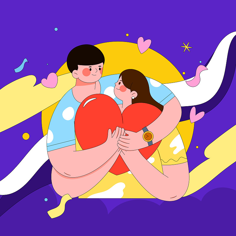 情侣相互拥抱情人节七夕节矢量插画海报方图图片