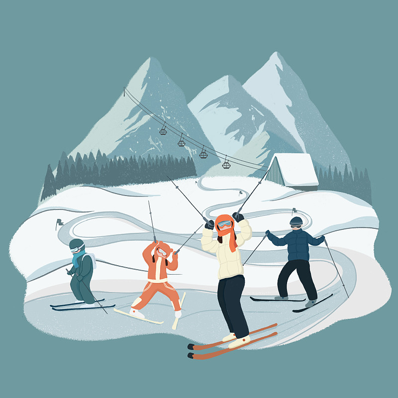 亲子家庭冬季滑雪冬季运动插画图片