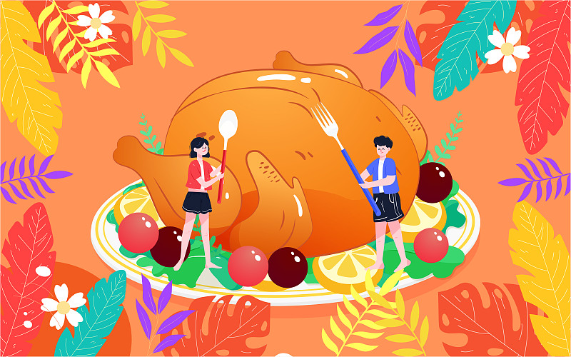 感恩节火鸡食物插画温暖晚餐美味菜肴海报下载