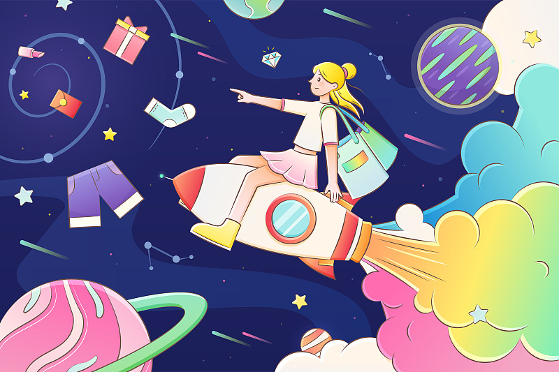 宇宙奇幻骑着火箭购物的快乐女孩插画下载