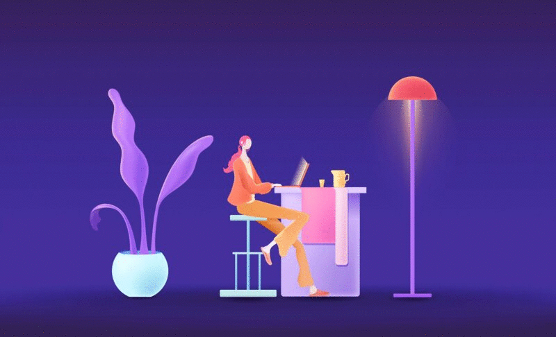 夜晚在家里使用电脑工作聊天的职场女性插画下载