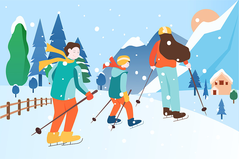 家庭出游滑雪矢量插画下载