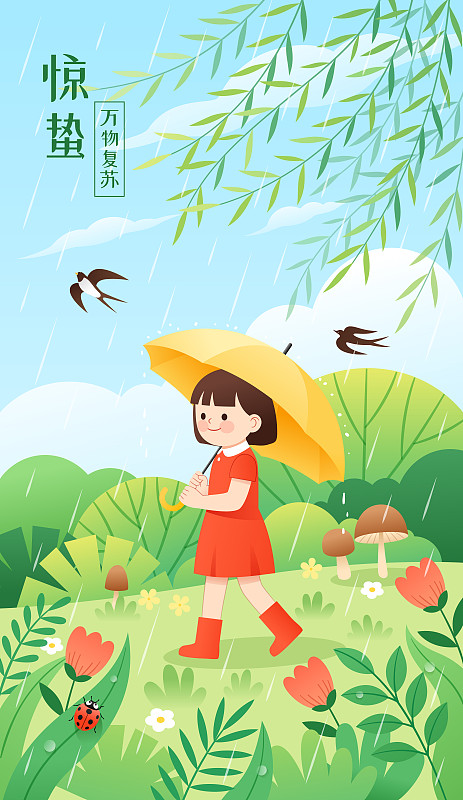 雨天一个拿着伞的小女孩和户外自然背景图片下载