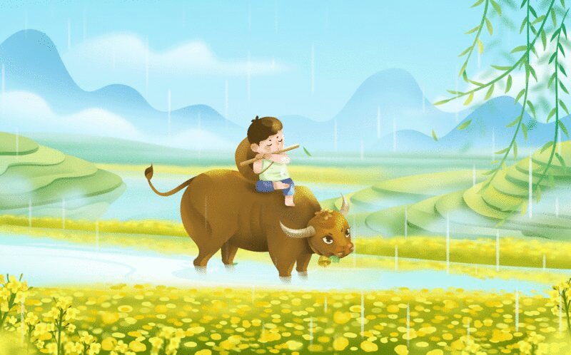 春天清明雨季中骑在牛背上的牧童插画下载