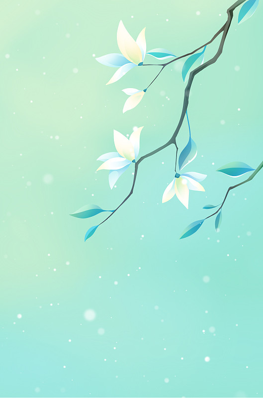 绿色唯美卡通春季花枝插画，树枝上的玉兰花盛开了。搭配浅绿色背景下载