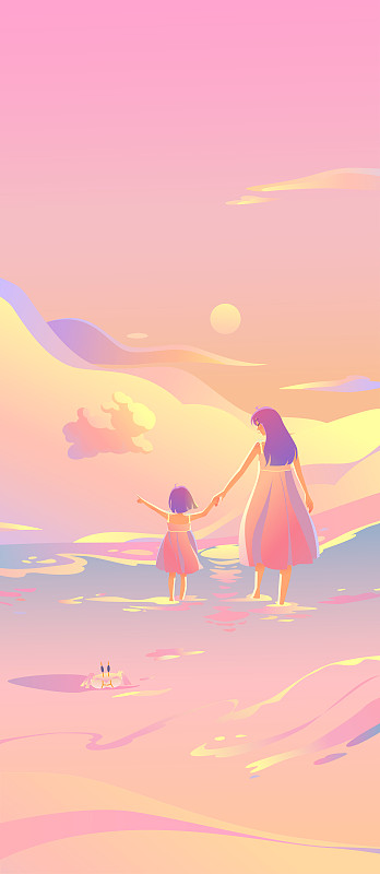 母女俩在粉色日落的海边看天边的彩云竖版图片下载