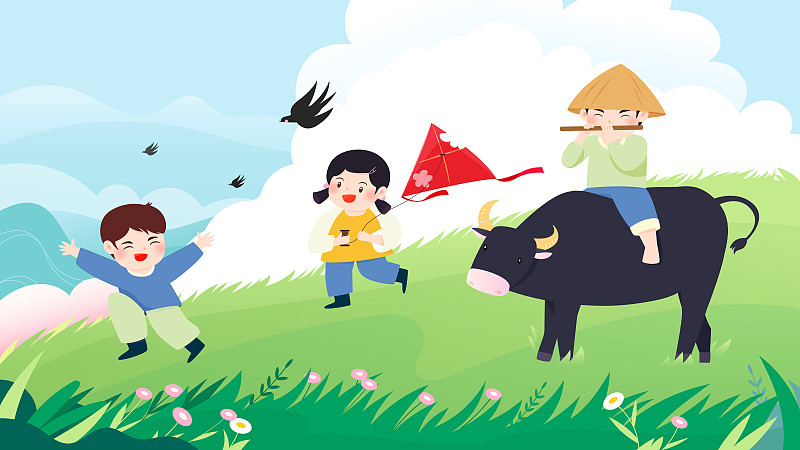 快乐的儿童在草地上玩耍放风筝矢量插画横图下载