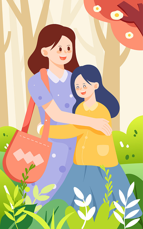 感恩母亲节母女拥抱插画一家人春季出游海报下载