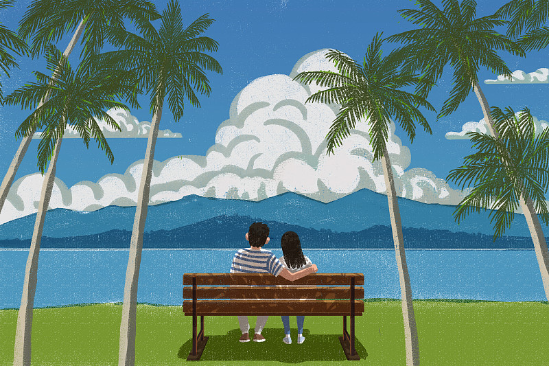 坐在长椅上赏夏景的情侣插画下载