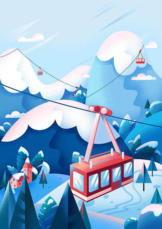 冬季雪山缆车噪点风插画插画图片