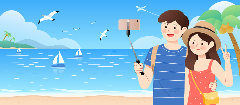 一对情侣拿着自拍杆在海边自拍图片素材