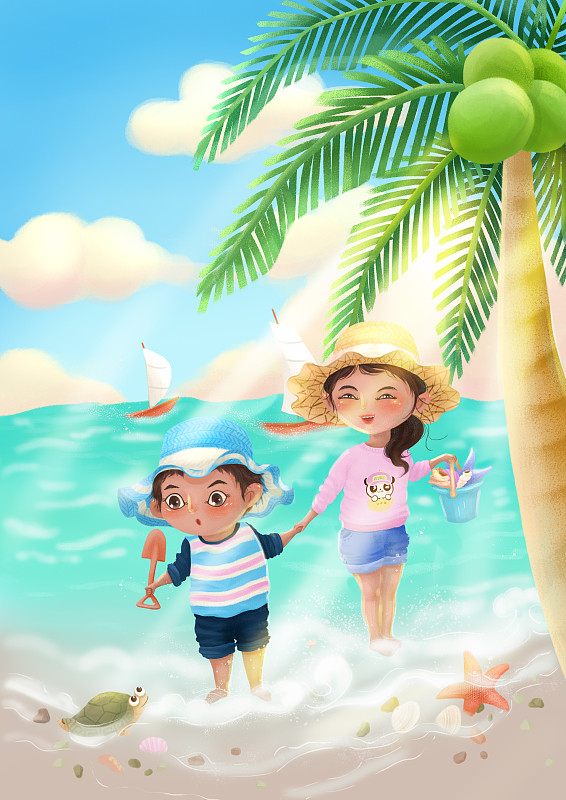 暑假椰林边姐弟俩在海边沙滩赶海玩耍图片下载