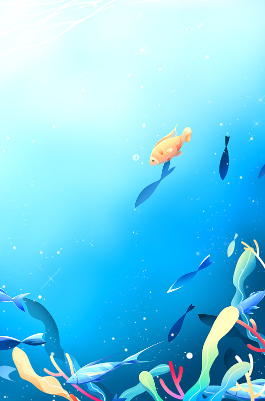 蓝色唯美卡通海底珊瑚鱼群插画背景下载