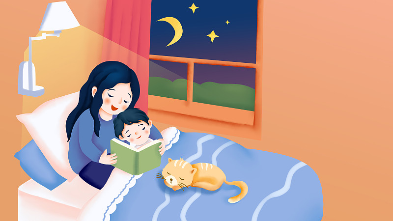 年轻妈妈给孩子读睡前故事图片下载