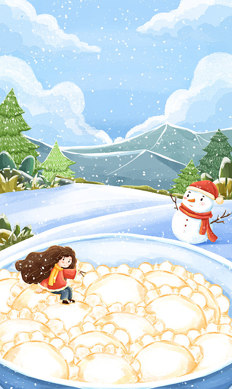 冬季里的饺子与女孩插画下载