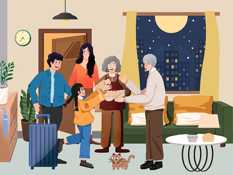 卡通手绘重阳节回家团聚陪伴父母图片下载