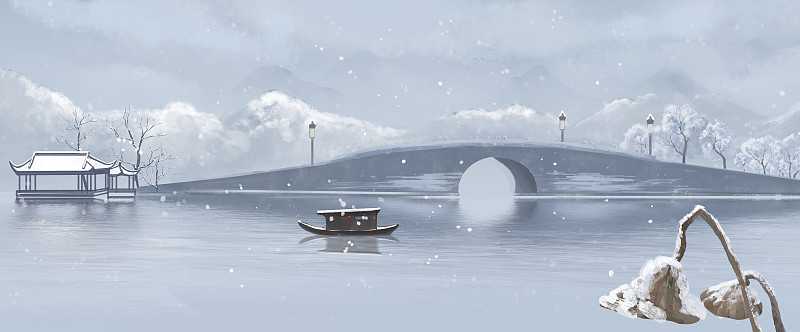 冬季西湖水墨画意境风景画图片下载