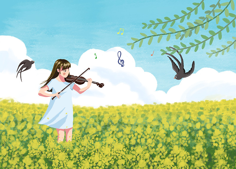 春天在油菜花田拉小提琴的女孩清新插画海报下载