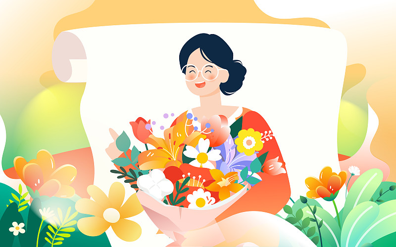 三八妇女节女生收鲜花礼物文艺清新活动插画下载