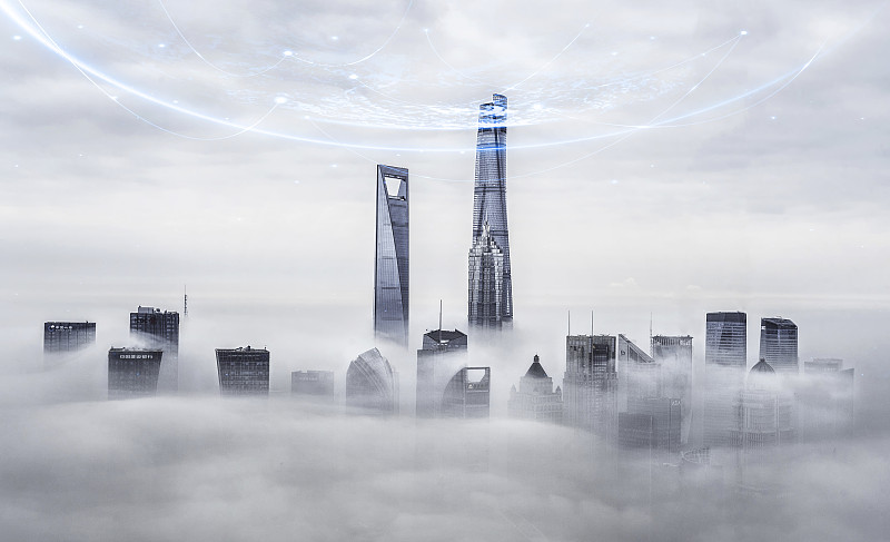 航拍上海陆家嘴金融区晨雾科技智慧网络大数据概念城市图片下载