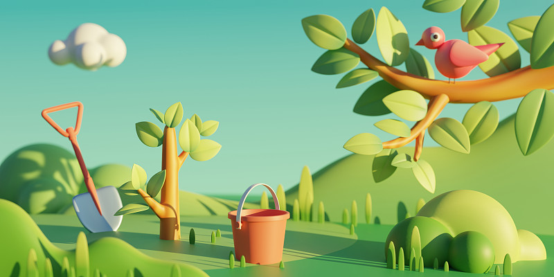 3D植树节水桶铁锹树木小鸟草地蓝天白云图片下载