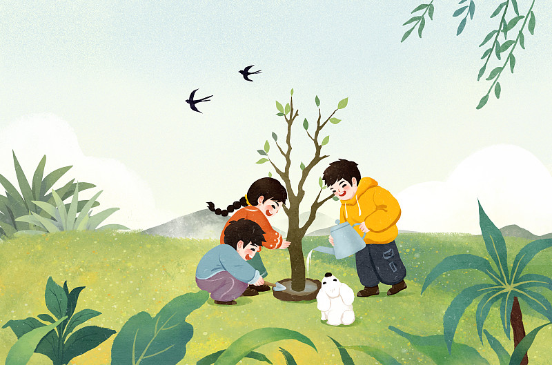 春天植树节插画种树的儿童下载