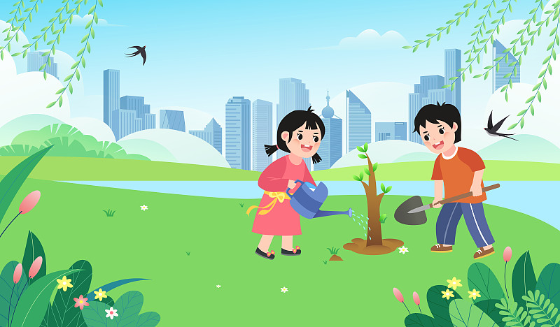 男孩女孩城市公园在种树浇水植树节插画下载