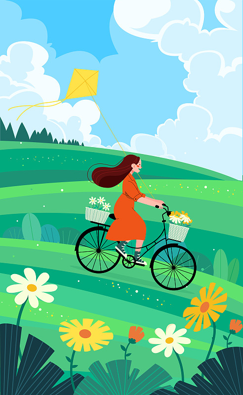 春天女孩骑单车出门户外踏春郊游扁平矢量插画下载