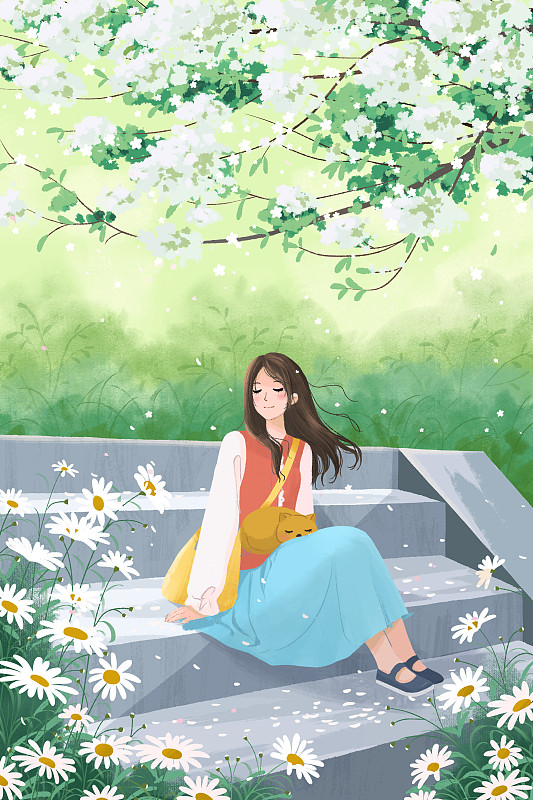治愈系小清新插画一个女孩坐在开花的野外感受春天的气息下载