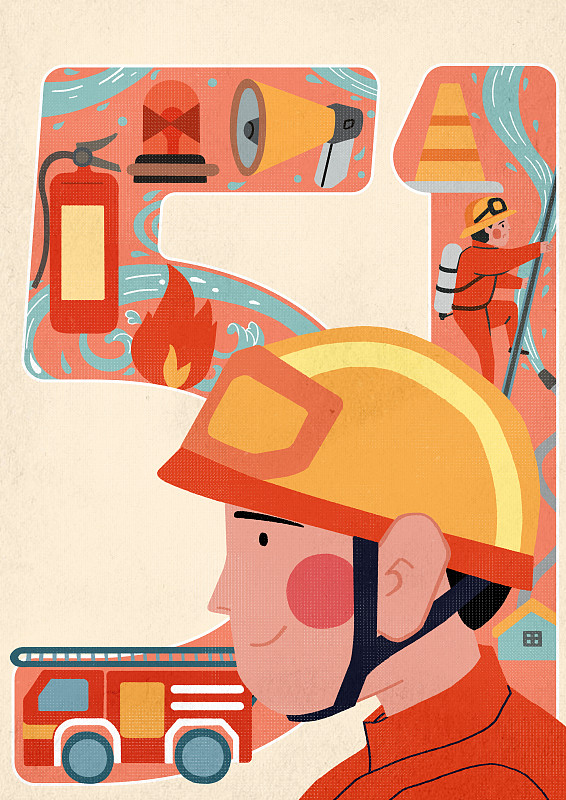 一个男消防员侧面扁平风消防51劳动节元素插画下载